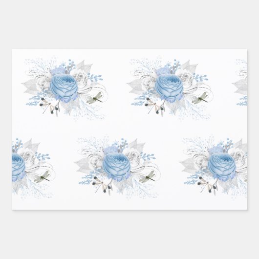 Elegant Blue Silver Dragonfly Floral Geschenkpapier Set (Vorderseite)