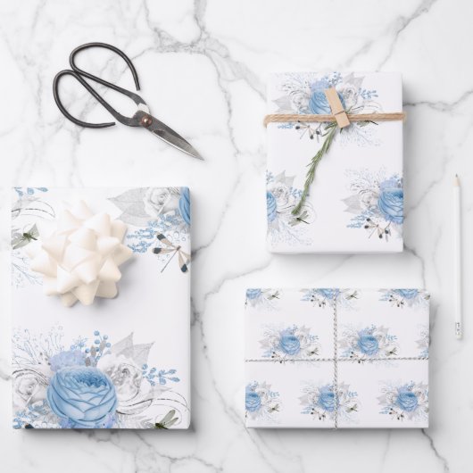 Elegant Blue Silver Dragonfly Floral Geschenkpapier Set (Vorderseite)