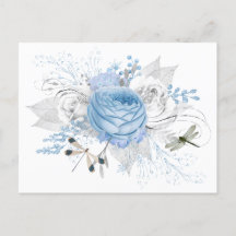 Elegant Blue Silver Dragonfly Floral