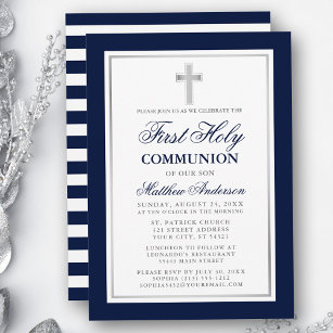 Elegant Blue Silver First Holy Communion Striping Einladung
