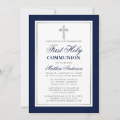 Elegant Blue Silver First Holy Communion Striping Einladung (Vorderseite)
