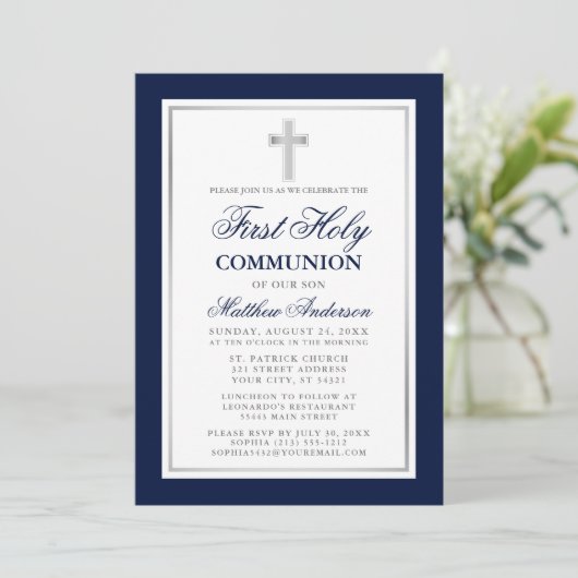 Elegant Blue Silver First Holy Communion Striping Einladung (Stehend Vorderseite)