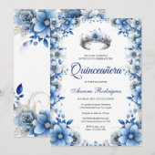 Elegant Blue & Silver Floral Tiara Quinceañera Einladung (Vorne/Hinten)