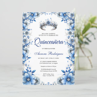 Elegant Blue & Silver Floral Tiara Quinceañera Einladung
