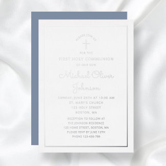 Elegant Blue Silver Foil Script Erste Kommune Folieneinladung