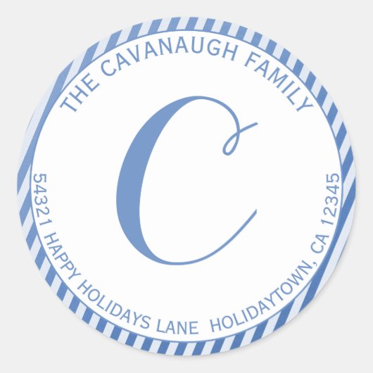 Elegant Blue Silver Foil Stripe Monogram Address Runder Aufkleber (Vorderseite)