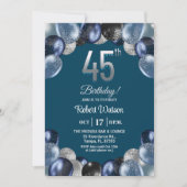 Elegant Blue Silver Glitter 45th Birthday Party Einladung (Vorderseite)