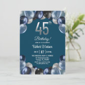 Elegant Blue Silver Glitter 45th Birthday Party Einladung (Stehend Vorderseite)