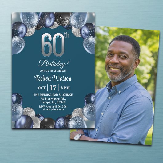 Elegant Blue Silver Glitter 60th Birthday Photo Einladung