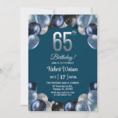 Elegant Blue Silver Glitter 65th Birthday Party Einladung (Vorderseite)