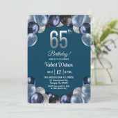 Elegant Blue Silver Glitter 65th Birthday Party Einladung (Stehend Vorderseite)