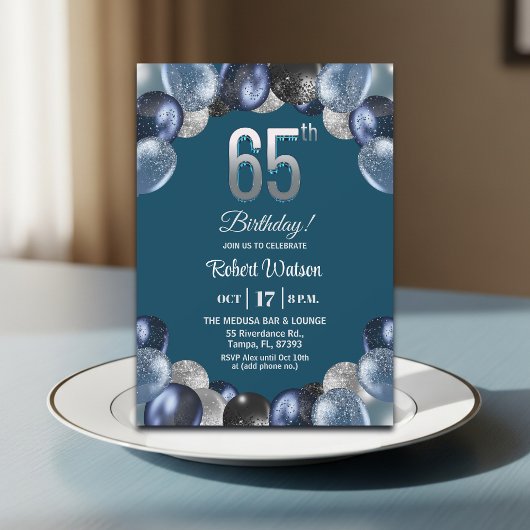 Elegant Blue Silver Glitter 65th Birthday Party Einladung