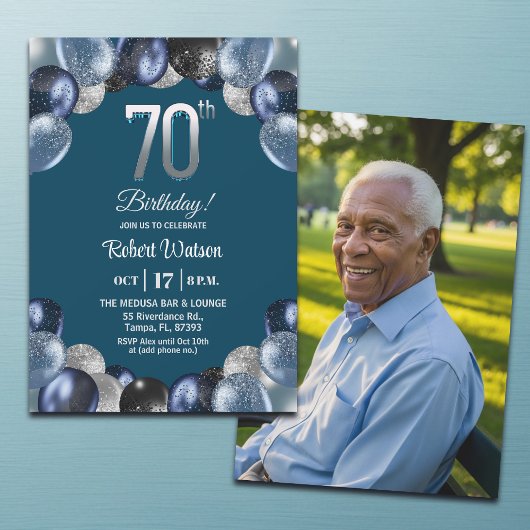 Elegant Blue Silver Glitter 70th Birthday Photo Einladung