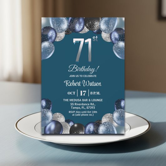 Elegant Blue Silver Glitter 71st Birthday Party Einladung