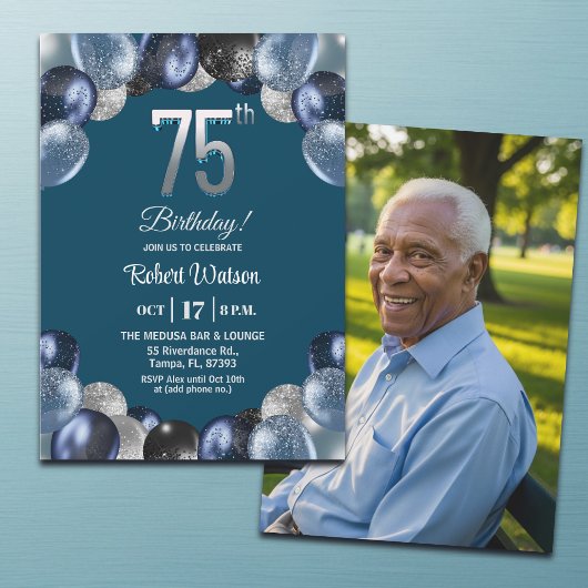 Elegant Blue Silver Glitter 75th Birthday Photo Einladung