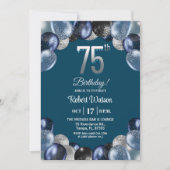 Elegant Blue Silver Glitter 75th Birthday Photo Einladung (Vorderseite)