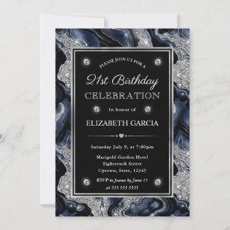 Elegant Blue & Silver Glitzer Agate 21. Geburtstag Einladung