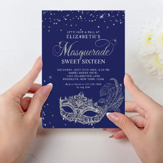 Elegant Blue Silver Glitzer Masquerade Sweet 16 Einladung