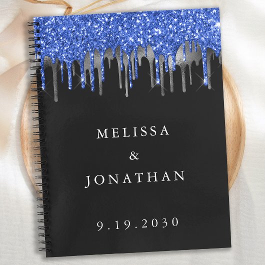 Elegant Blue Silver Glitzer Tropfens Wedding Guest Notizblock