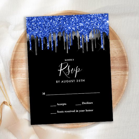 Elegant Blue Silver Glitzer Tropfens Wedding RSVP Einladungspostkarte