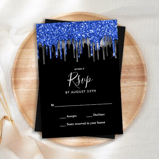 Elegant Blue Silver Glitzer Tropfens Wedding RSVP Mitteilungskarte