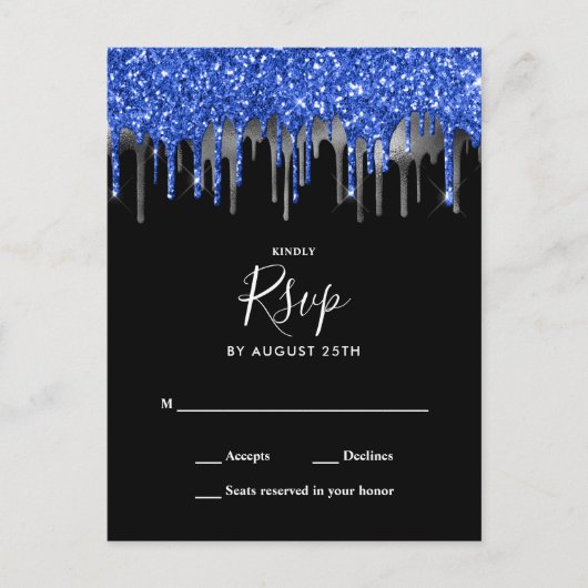 Elegant Blue Silver Glitzer Tropfens Wedding RSVP Postkarte (Vorderseite)