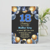 Elegant Blue Silver Gold 18th Birthday Party Einladung (Stehend Vorderseite)