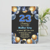 Elegant Blue Silver Gold 23rd Birthday Photo Einladung (Stehend Vorderseite)