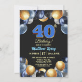 Elegant Blue Silver Gold 40th Birthday Photo Einladung (Vorderseite)