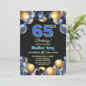 Elegant Blue Silver Gold 65th Birthday Photo Einladung (Stehend Vorderseite)