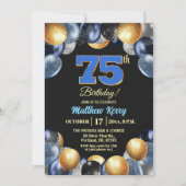 Elegant Blue Silver Gold 75th Birthday Photo Einladung (Vorderseite)