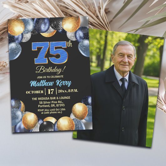Elegant Blue Silver Gold 75th Birthday Photo Einladung