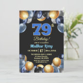 Elegant Blue Silver Gold 79th Birthday Photo Einladung (Stehend Vorderseite)