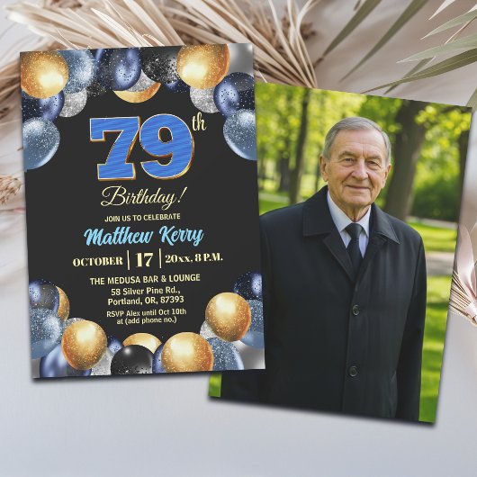 Elegant Blue Silver Gold 79th Birthday Photo Einladung