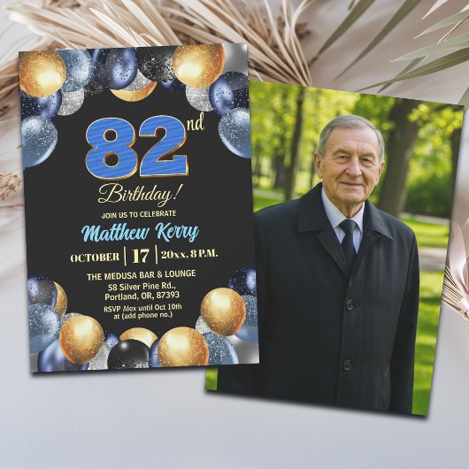 Elegant Blue Silver Gold 82nd Birthday Photo Einladung