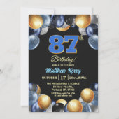 Elegant Blue Silver Gold 87th Birthday Party  Einladung (Vorderseite)