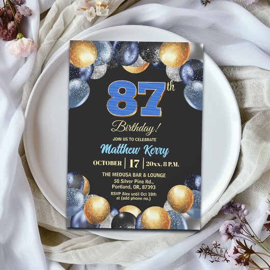 Elegant Blue Silver Gold 87th Birthday Party  Einladung