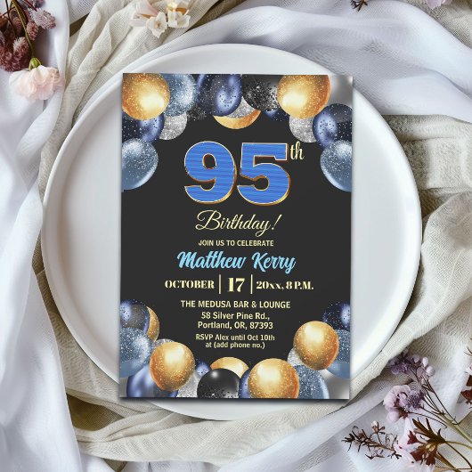 Elegant Blue Silver Gold 95th Birthday Party Einladung