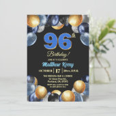 Elegant Blue Silver Gold 96th Birthday Photo  Einladung (Stehend Vorderseite)