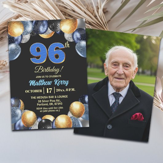 Elegant Blue Silver Gold 96th Birthday Photo  Einladung
