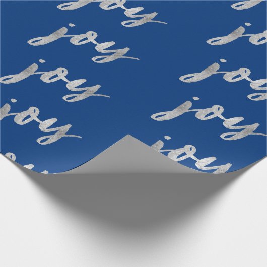 Elegant Blue Silver Joy Calligraphy Weihnachten Geschenkpapier (Ecke)