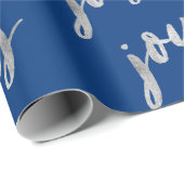 Elegant Blue Silver Joy Calligraphy Weihnachten Geschenkpapier (Rolleneckpunkt)