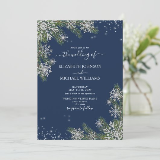 Elegant Blue Silver Snowflake Pine Winter Wedding Einladung (Stehend Vorderseite)