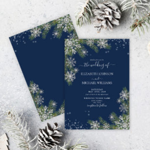 Elegant Blue Silver Snowflake Pine Winter Wedding Einladung