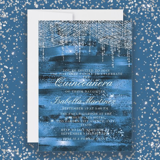 Elegant Blue Silver String Lights Quinceañera Einladung
