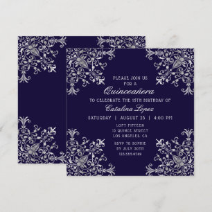 Elegant Blue Silver Verziert Floral Quinceñera Einladung