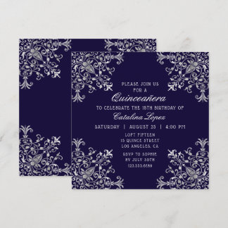 Elegant Blue Silver Verziert Floral Quinceñera Einladung