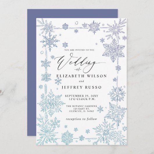 Elegant Blue snowflakes Winter Wedding Einladung (Vorne/Hinten)