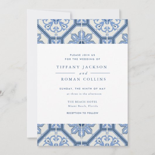 Elegant Blue Spanish Tile Hochzeit Einladung (Vorderseite)