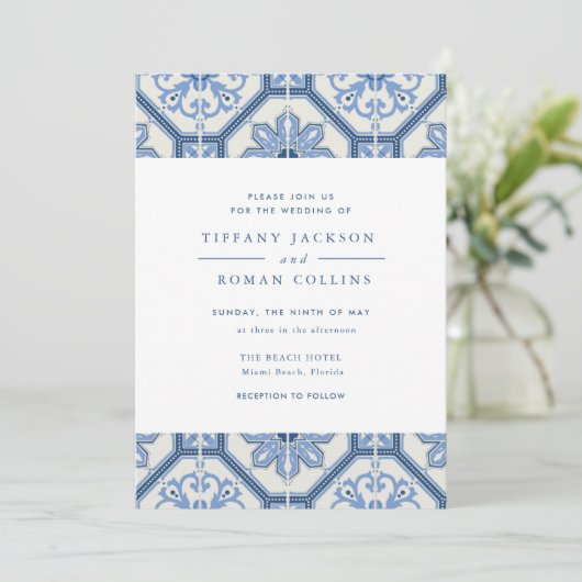 Elegant Blue Spanish Tile Hochzeit Einladung (Stehend Vorderseite)